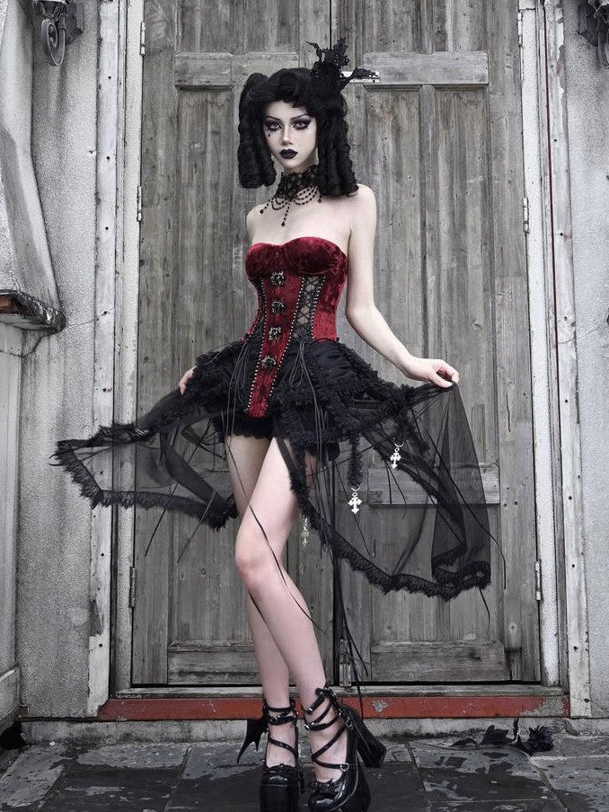 BLOOD SUPPLY Black Red Gothic Heavy Boned Lace Up Cage Women's Polyester Bustiers