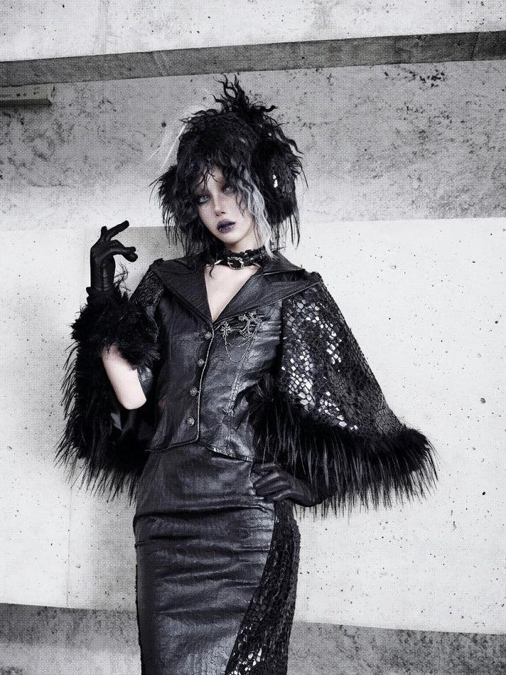 BLOOD SUPPLY Black Serpent Eye Gothic Crack Texture A Line Back Slit Women's Pu Skirts
