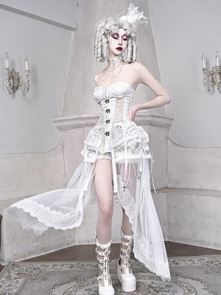 BLOOD SUPPLY White Gothic Boned Lace Up Birdcage Waist Cinching Women's Polyester Bustiers