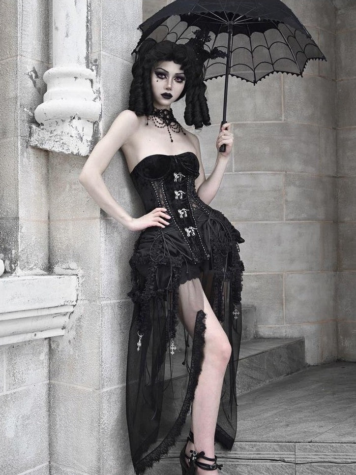 BLOOD SUPPLY Gothic Fishbone Cage Lace Up Bow Detail Women's Velvet Bustiers