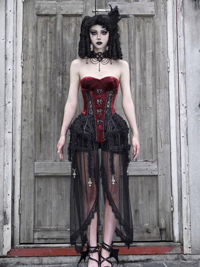 BLOOD SUPPLY Black Red Gothic Heavy Boned Lace Up Cage Women's Polyester Bustiers