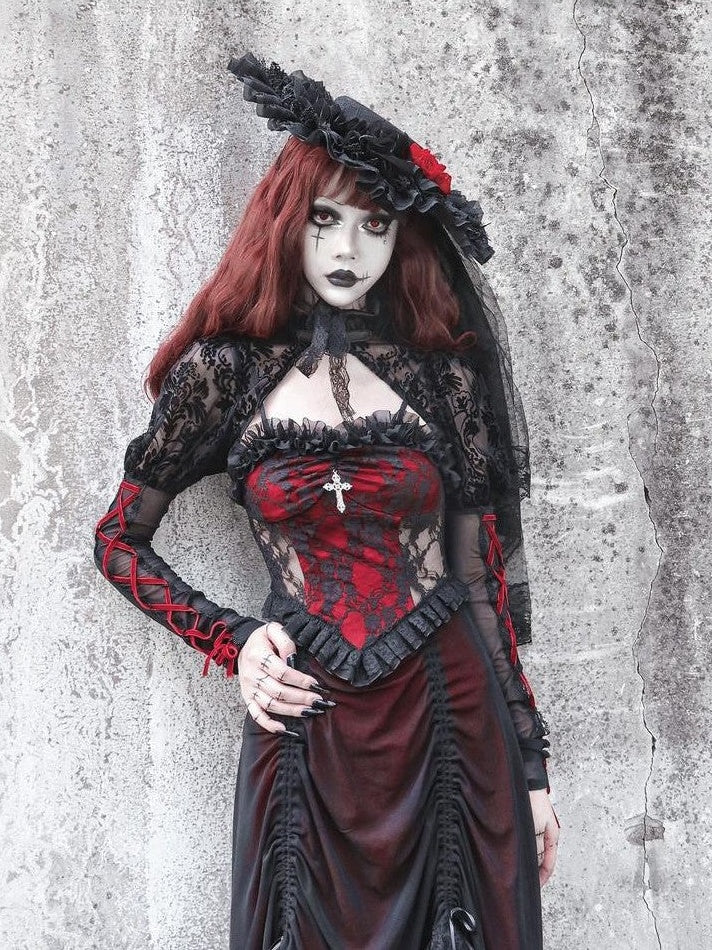 BLOOD SUPPLY Black Red Gothic Drawstring Lace Ruffle Women's Jsk / Jumper Skirts