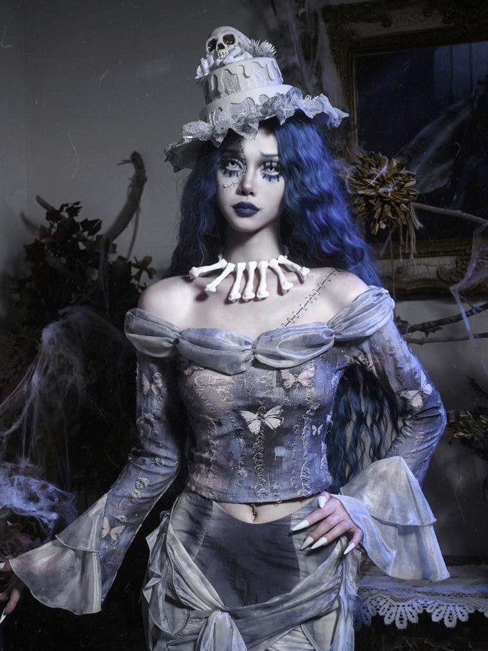 BLOOD SUPPLY Zombie Gothic Butterfly Ripped Bardot Women's Polyester Corsets