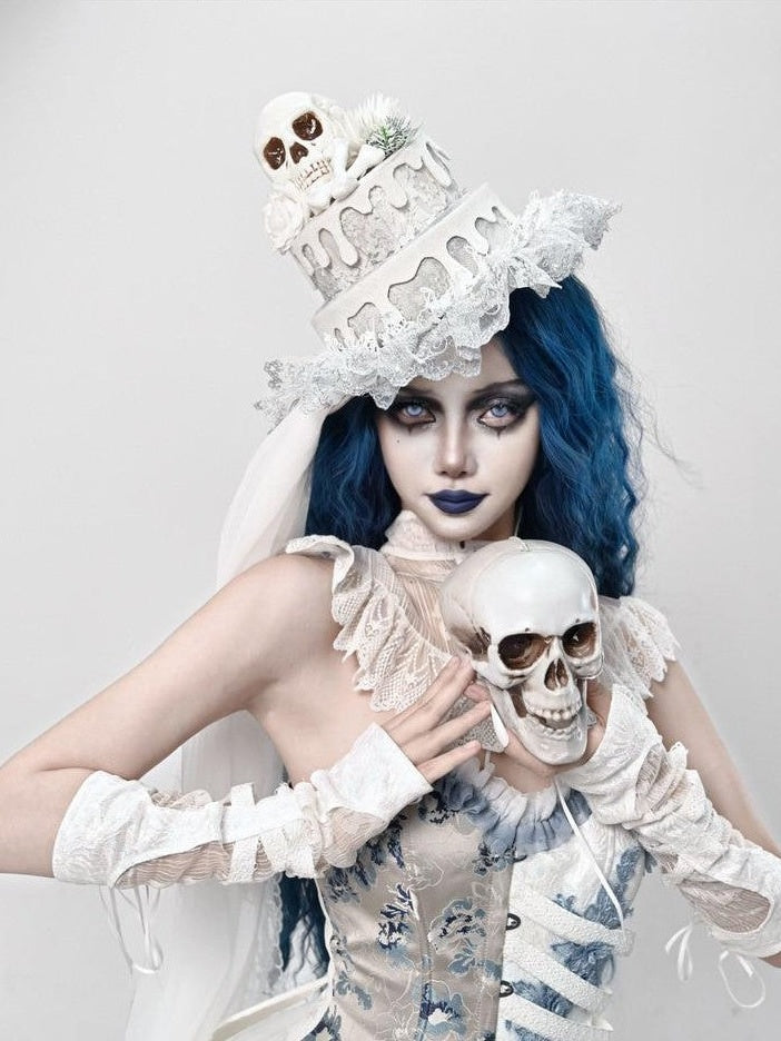 BLOOD SUPPLY White Gothic Skull Lace Cake Dome Lace Up Women's Polyester Full Bonnets