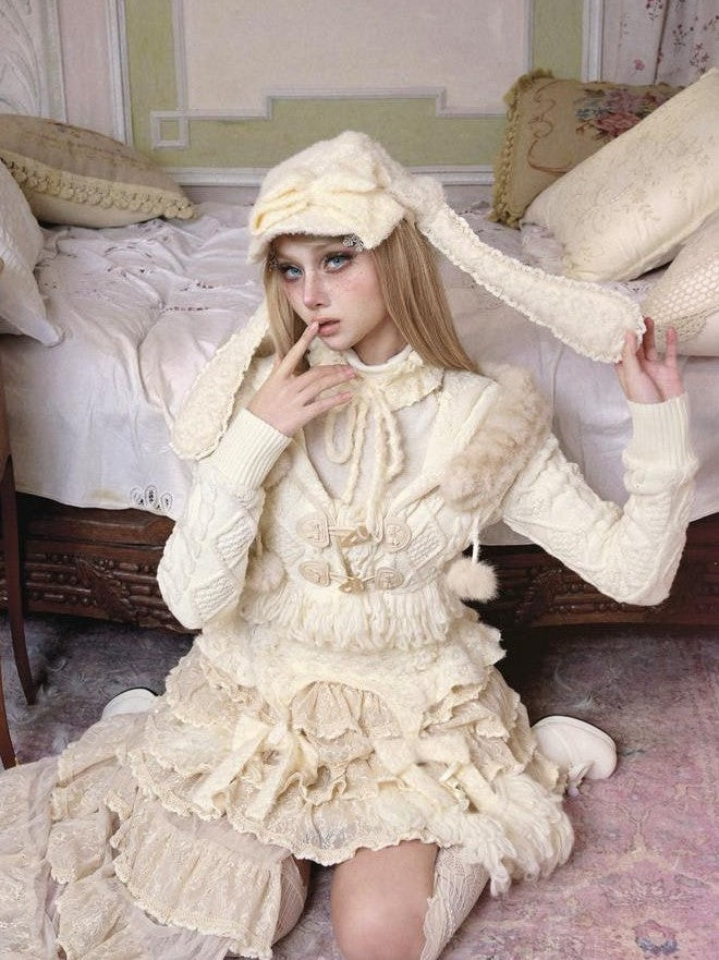 BLOOD SUPPLY Slavic Princess Cable Knit Detachable Fur Hooded Women's Acrylic Short Cardigans