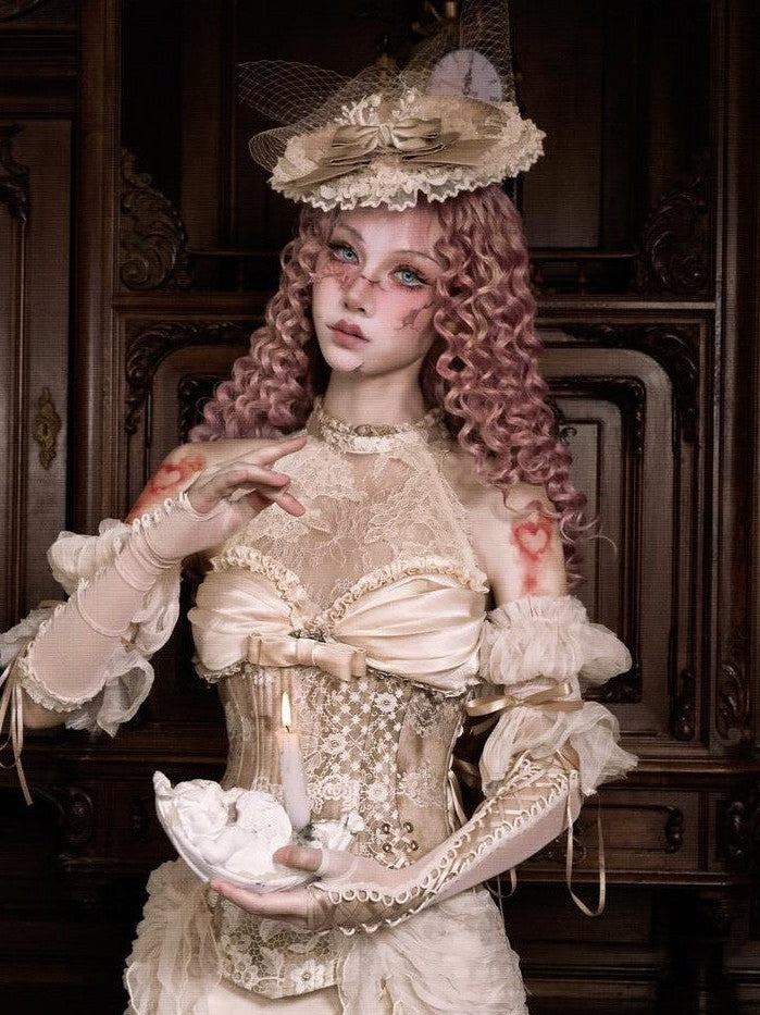 BLOOD SUPPLY Rococo Vintage Fishbone Lace Halter Mesh Puff Sleeve Women's Lyocell Bustiers