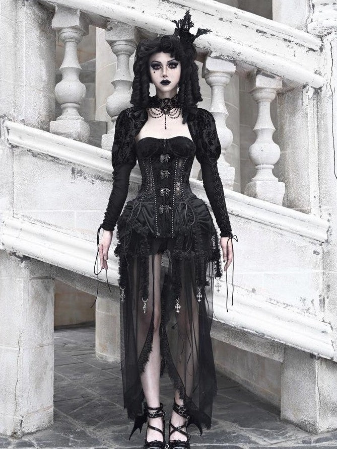 BLOOD SUPPLY Gothic Fishbone Cage Lace Up Bow Detail Women's Velvet Bustiers