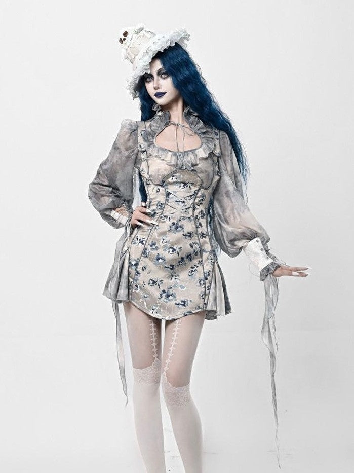BLOOD SUPPLY Gothic Jacquard Zombie Bride Strappy Women's Polyester Long Sleeve Op