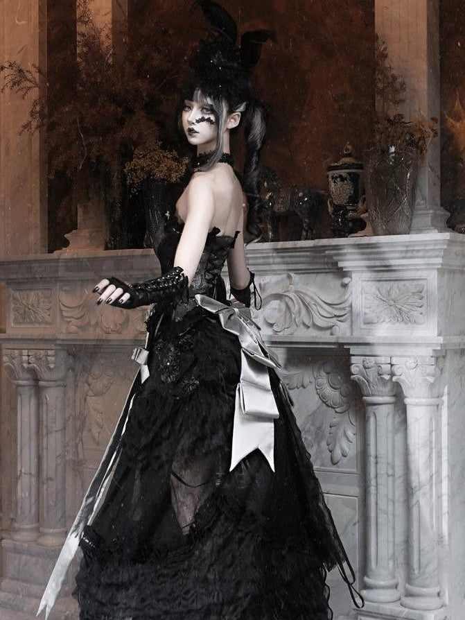 BLOOD SUPPLY Basel Gothic Bow Train Princess Women's Lace Polyester Patchwork Skirts