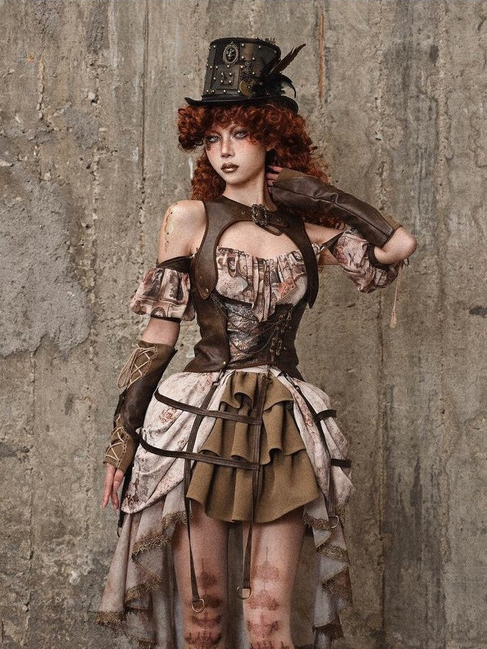 BLOOD SUPPLY Birdcage Steampunk Retro Design Women's Distressed Pu Corsets