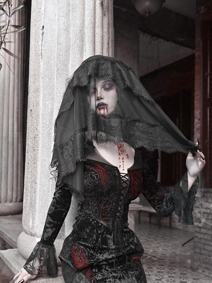 BLOOD SUPPLY Crimson Gothic Batwing Black Red Slim Shimmer Mermaid Women's Long Sleeve Op