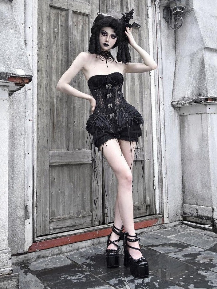 BLOOD SUPPLY Gothic Fishbone Cage Lace Up Bow Detail Women's Velvet Bustiers
