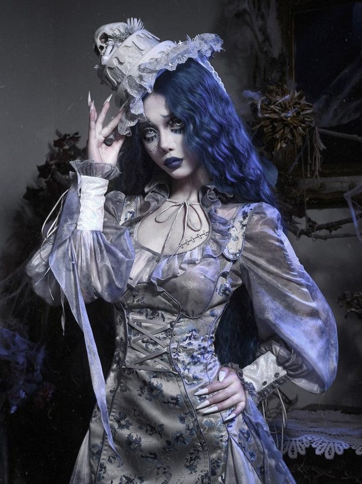 BLOOD SUPPLY Gothic Jacquard Zombie Bride Strappy Women's Polyester Long Sleeve Op