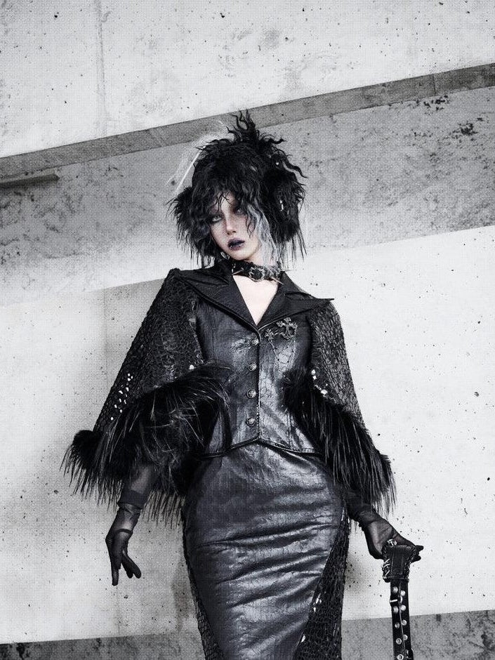 BLOOD SUPPLY Black Serpent Eye Gothic Crack Texture A Line Back Slit Women's Pu Skirts