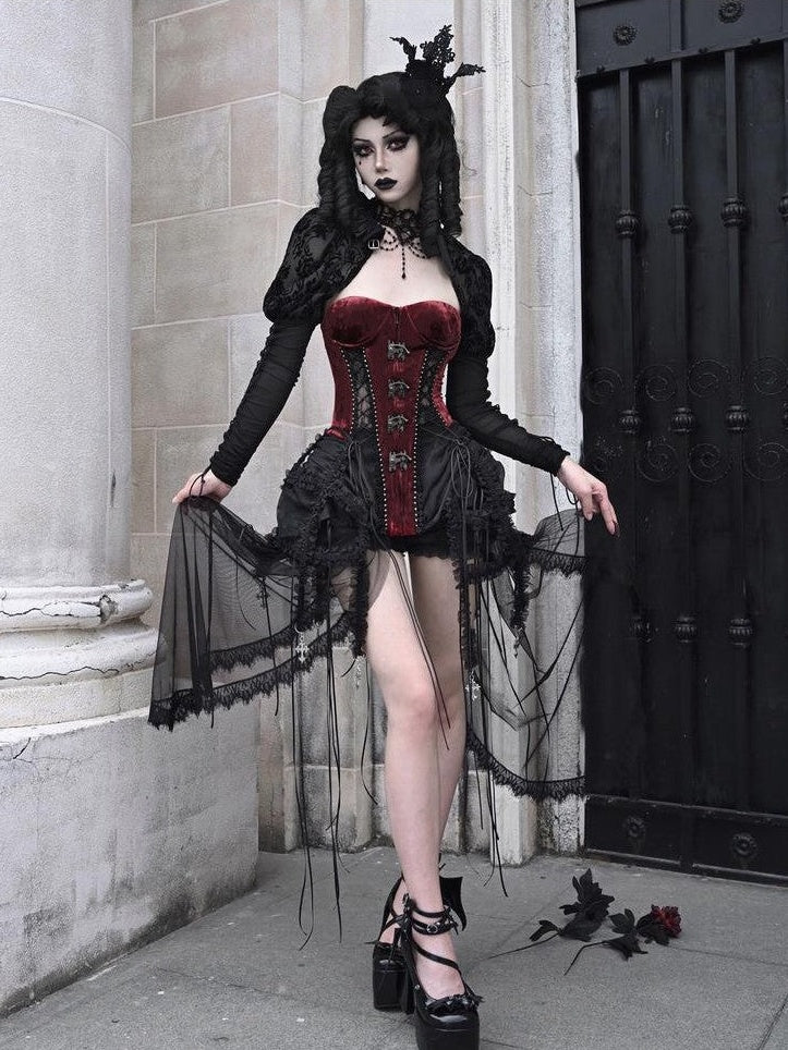 BLOOD SUPPLY Black Red Gothic Heavy Boned Lace Up Cage Women's Polyester Bustiers