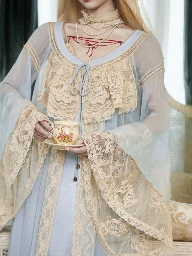 BLOOD SUPPLY Baby Blue French Rococo Vintage Doll Lace Women's Polyester Long Cardigans