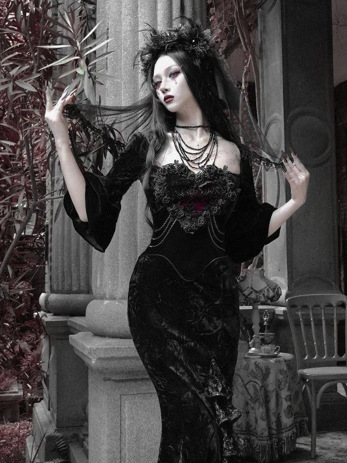BLOOD SUPPLY Scarlet Gothic Velvet Bustier Mermaid Beaded Women's Polyester Long Sleeve Op