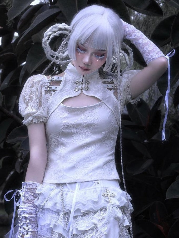 BLOOD SUPPLY Gothic Punk Chain Lace Up Ruffle Pleated Mid Waist Women's Lace Skirts