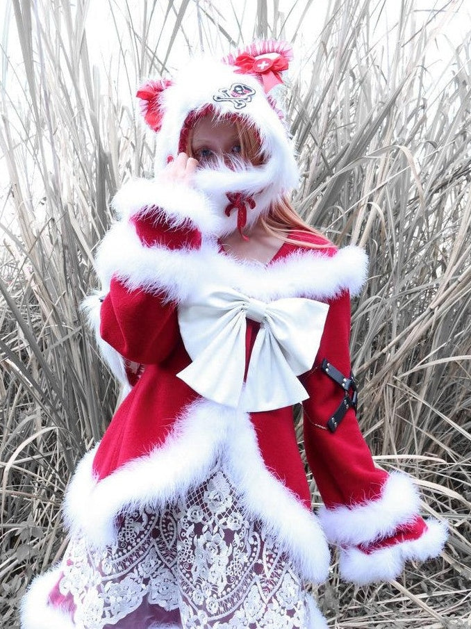 BLOOD SUPPLY Gothic Bowknot Women's Pu Plush Woolen Improved Faux Fur Trim Coats