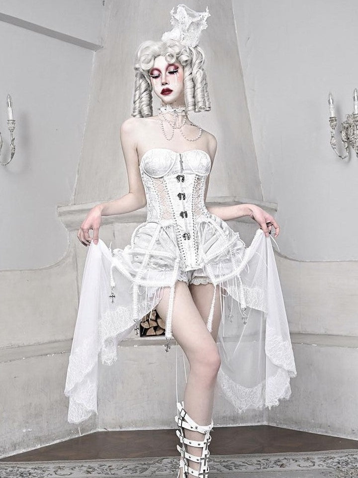 BLOOD SUPPLY White Gothic Boned Lace Up Birdcage Waist Cinching Women's Polyester Bustiers
