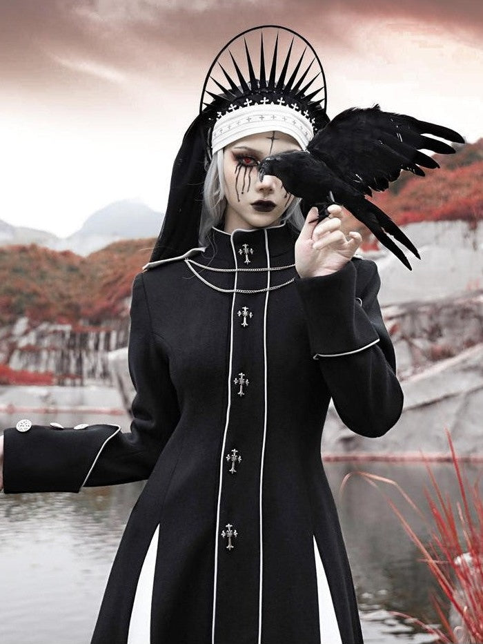 BLOOD SUPPLY Gothic Cross Heavy Embellished Patchwork Stand Collar Long Women's Woolen Coats