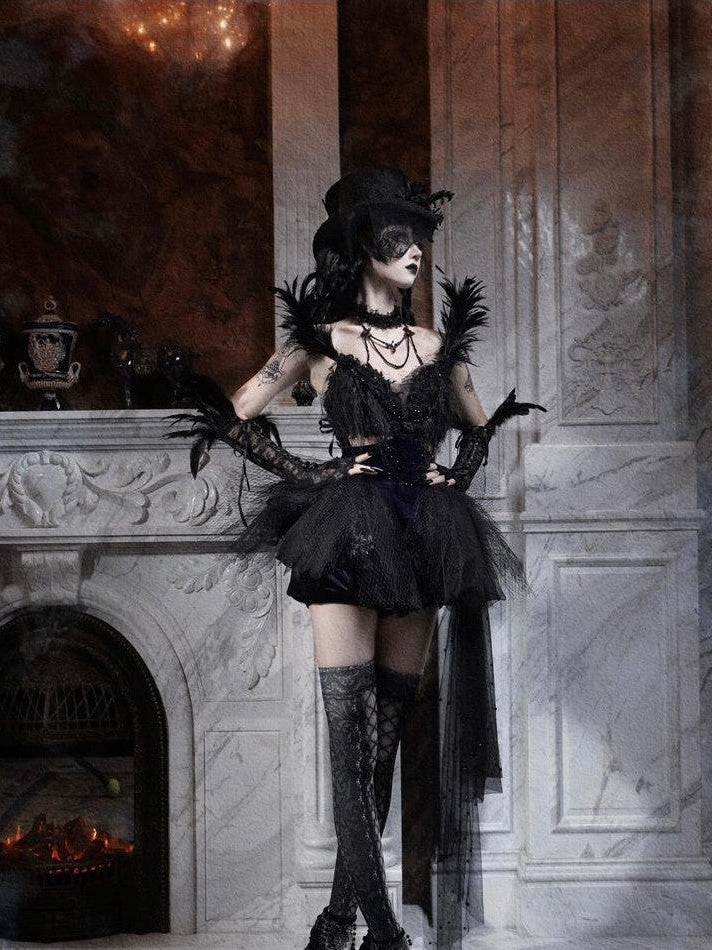 BLOOD SUPPLY Embroidered Sparkle Black Feather Removable Train Women's Jsk / Jumper Skirts