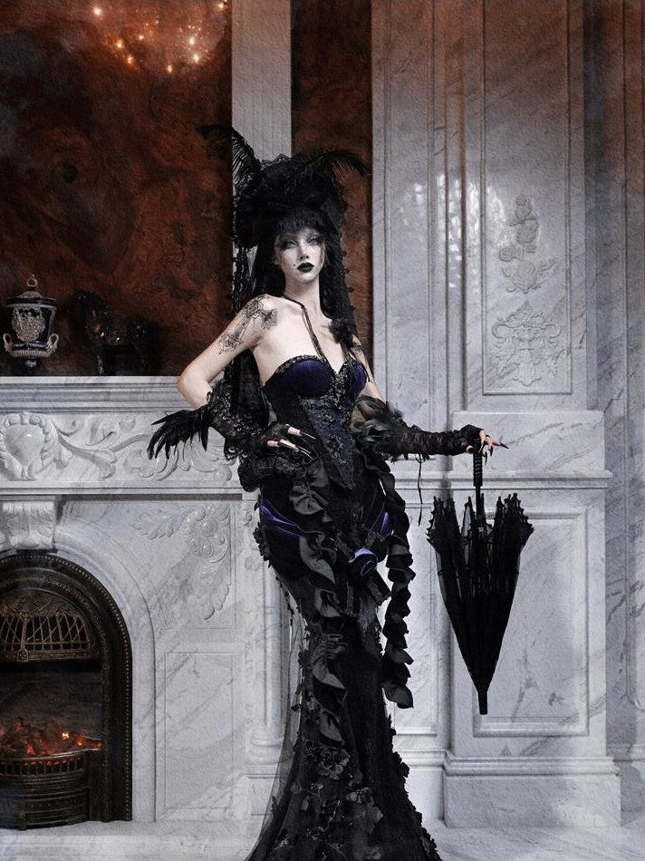 BLOOD SUPPLY Gothic European Rhinestone Removable Ruffle Fitted Women's Velvet Bustiers