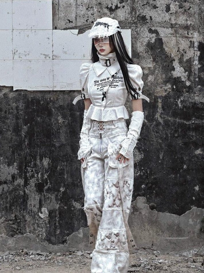 BLOOD SUPPLY Pleated Wrinkled Distressed Punk Knit Ripped Women's Cotton Linen Gloves