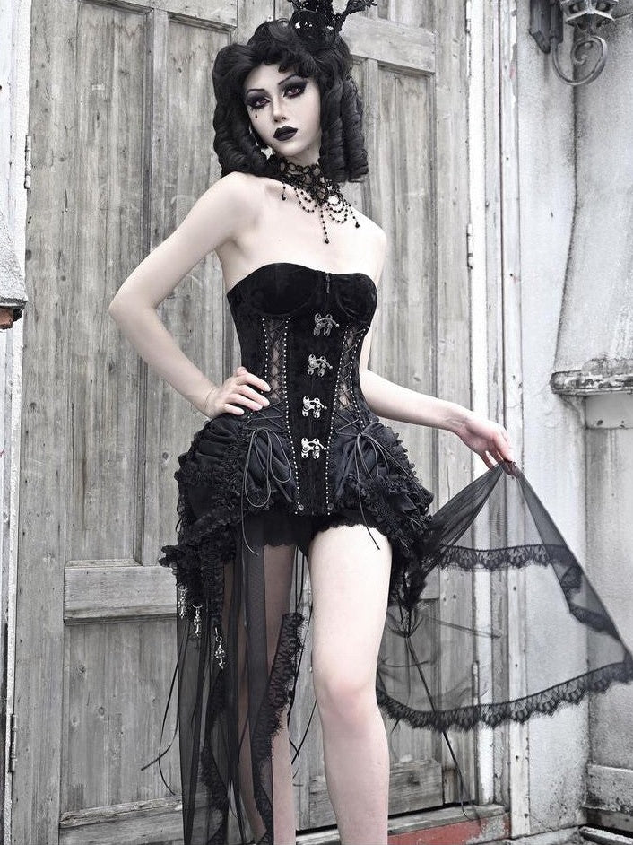 BLOOD SUPPLY Gothic Fishbone Cage Lace Up Bow Detail Women's Velvet Bustiers
