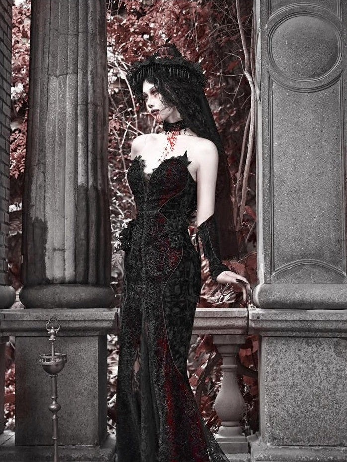 BLOOD SUPPLY Crimson Gothic Shimmering Heart Velvet Fishtail Women's Jsk / Jumper Skirts