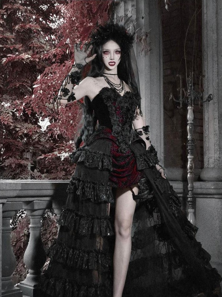 BLOOD SUPPLY Crimson Velvet Gothic V-neck Zipper Heart Details Women's Polyester Bustiers