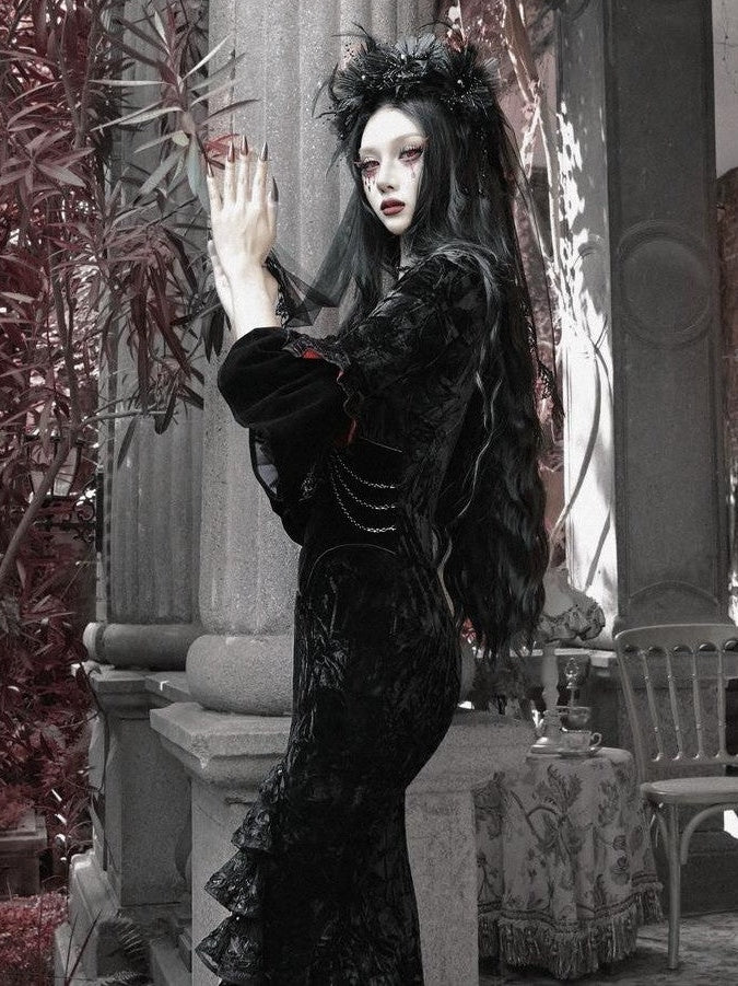 BLOOD SUPPLY Scarlet Gothic Velvet Bustier Mermaid Beaded Women's Polyester Long Sleeve Op