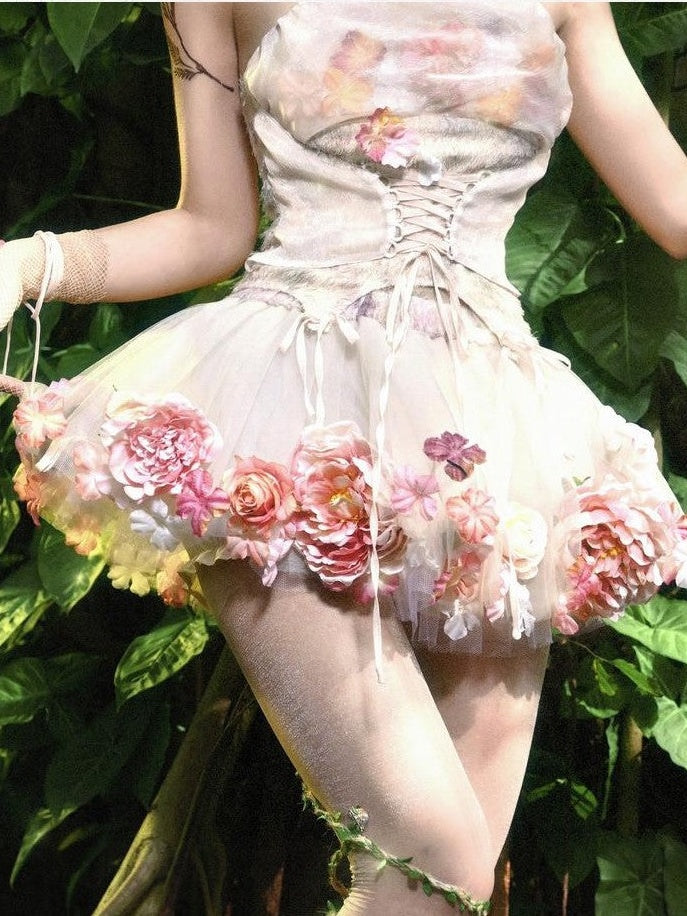 BLOOD SUPPLY Forest Fairy 3d Floral Tulle Hand Sewn Women's Polyester A-line Petticoats