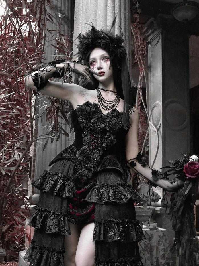 BLOOD SUPPLY Crimson Gothic Multi Layer Train Women's Polyester Mid Waist Skirts