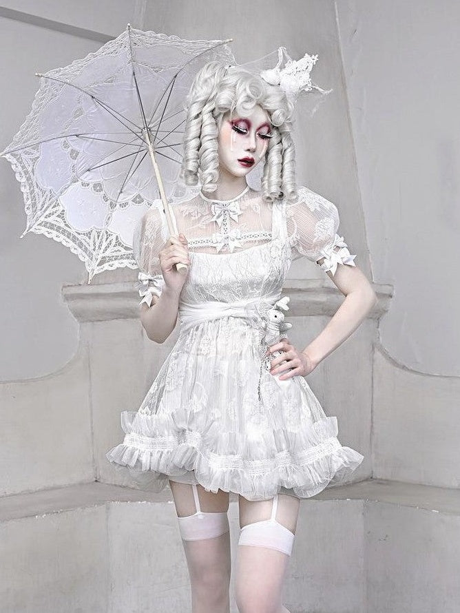 BLOOD SUPPLY White Gothic 3d Tulle Puff High Waist Aline Women's Polyester Short Sleeve Op