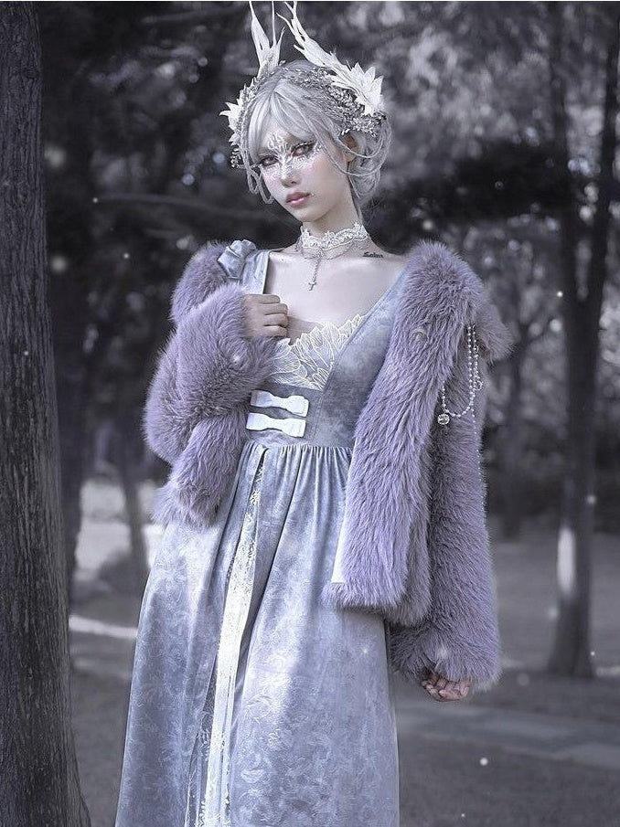 BLOOD SUPPLY Grey Purple Embroidered Gothic Lace Puff Sleeve Women's Velvet Long Sleeve Op