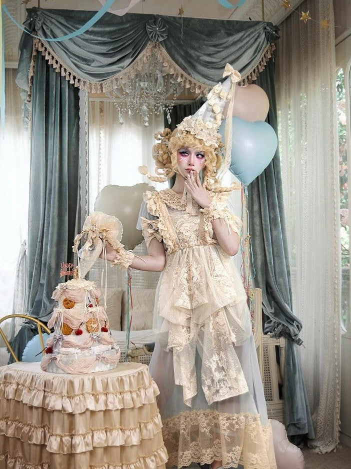 BLOOD SUPPLY Cream Beige Rococo Piped Floral Top Handle Drawstring Women's Handbags