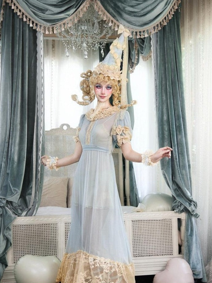 BLOOD SUPPLY Baby Blue Rococo Lace Bow Doll Women's Polyester Short Sleeve Op