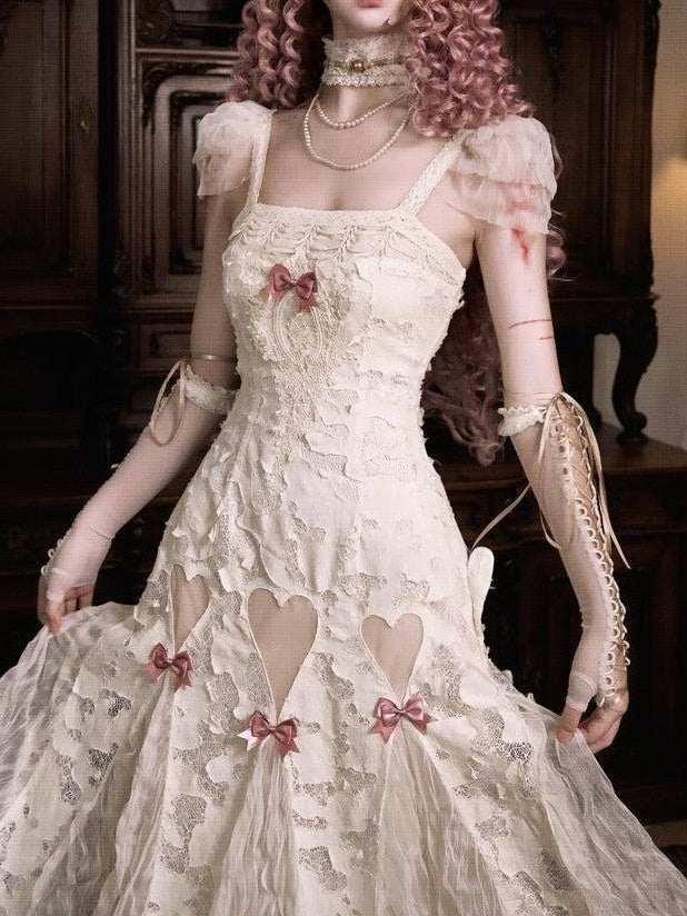 BLOOD SUPPLY Cutout Lace Heart Bow Spaghetti Strap Women's Cotton Jsk / Jumper Skirts
