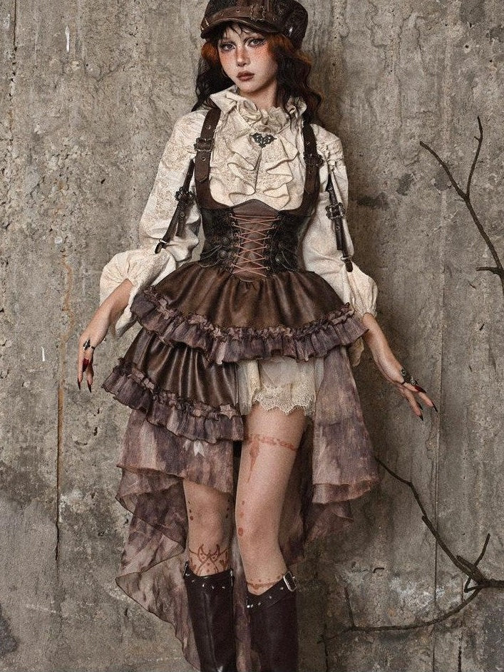 BLOOD SUPPLY Asymmetric Steampunk Tie Pu Bustier Detachable Train Women's Jsk / Jumper Skirts