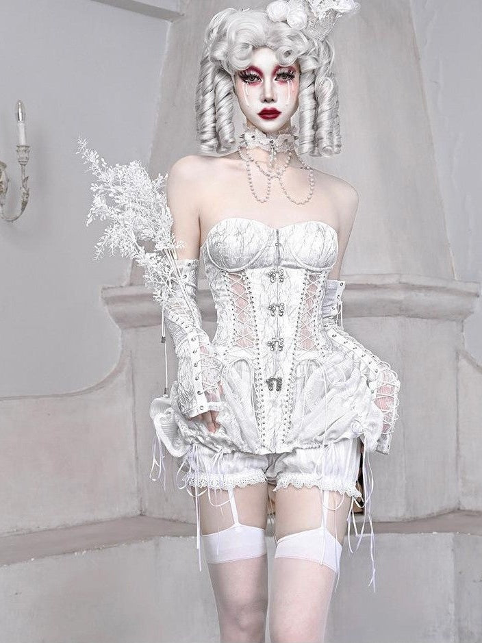 BLOOD SUPPLY White Gothic Boned Lace Up Birdcage Waist Cinching Women's Polyester Bustiers