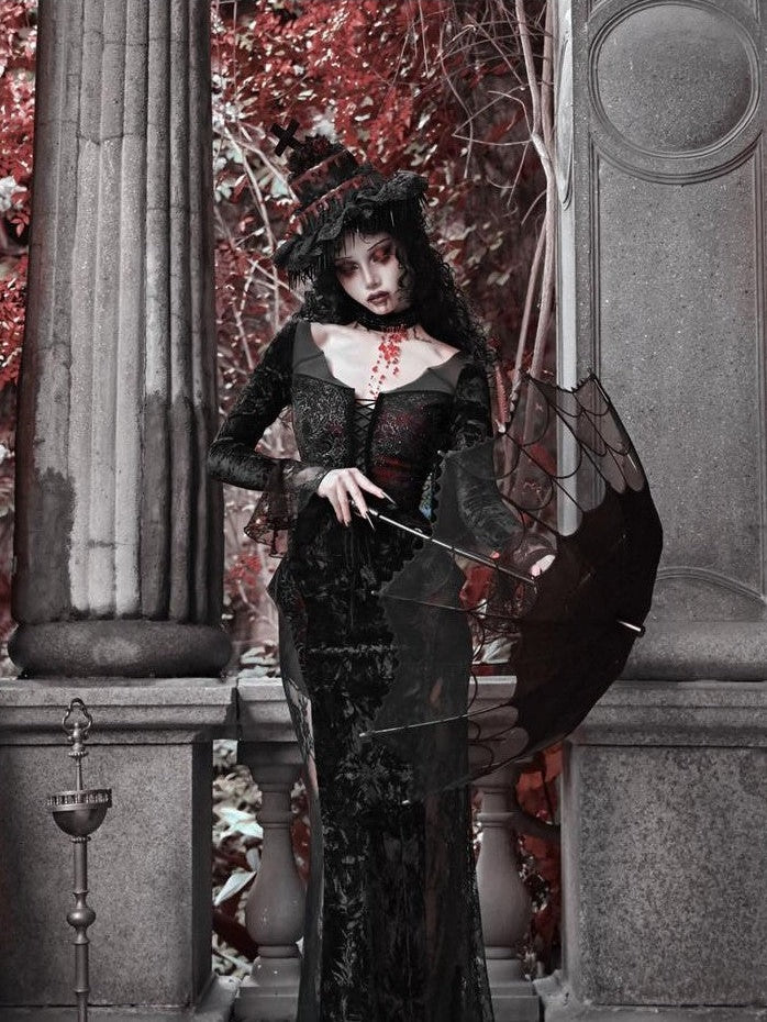 BLOOD SUPPLY Crimson Gothic Batwing Black Red Slim Shimmer Mermaid Women's Long Sleeve Op