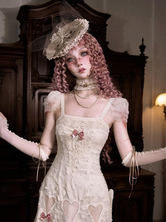 BLOOD SUPPLY Cutout Lace Heart Bow Spaghetti Strap Women's Cotton Jsk / Jumper Skirts