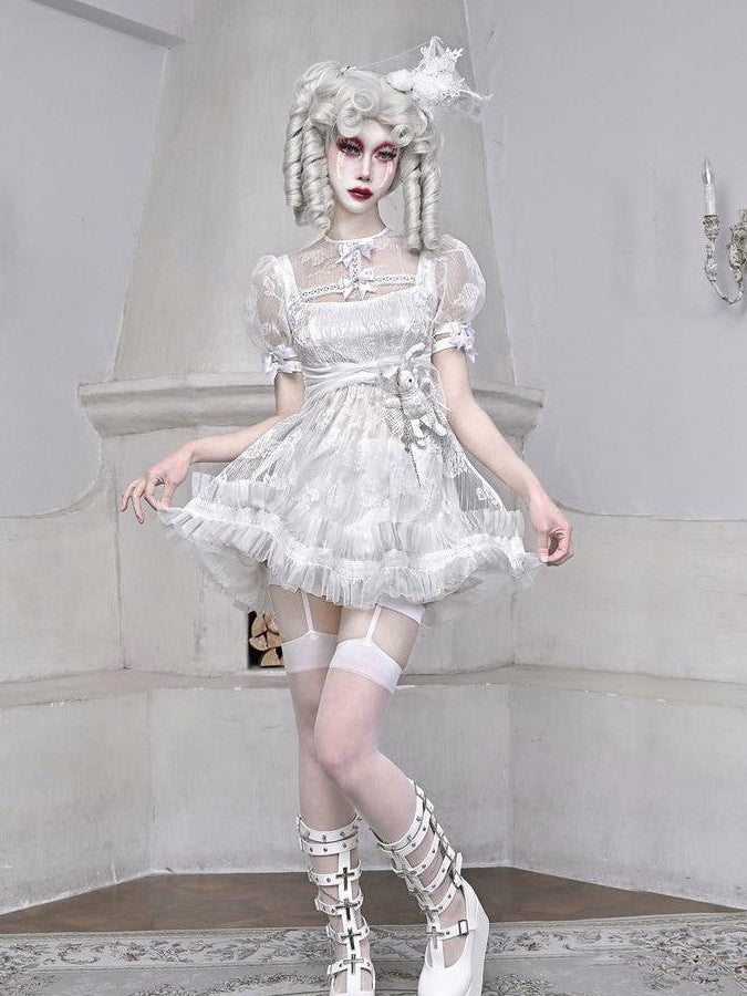 BLOOD SUPPLY White Gothic 3d Tulle Puff High Waist Aline Women's Polyester Short Sleeve Op