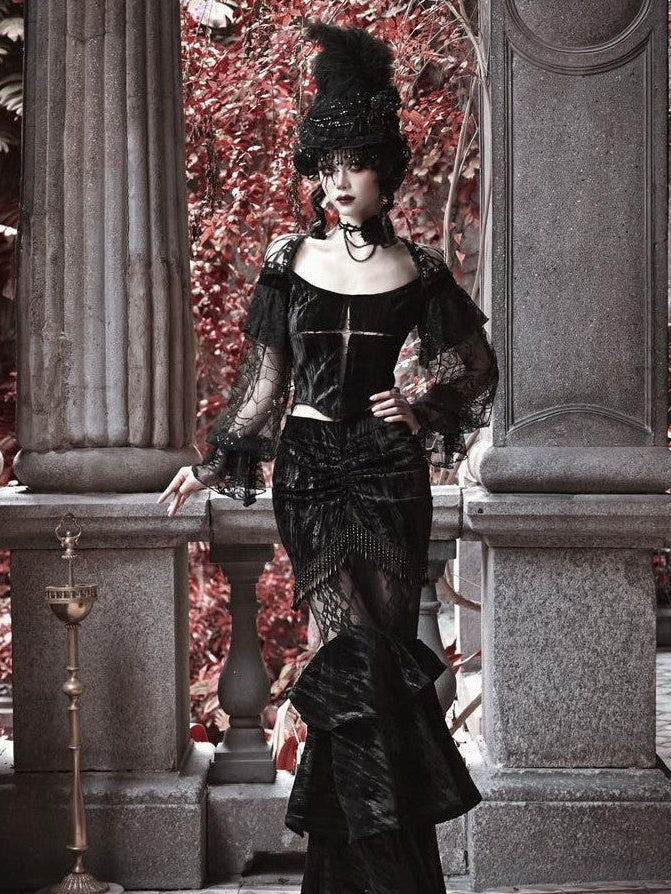 BLOOD SUPPLY Velvet Gothic Lace Slim Fit Mid Waist Women's Polyester Fishtail Skirts