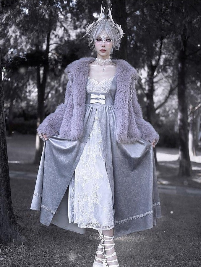 BLOOD SUPPLY Grey Purple Embroidered Gothic Lace Puff Sleeve Women's Velvet Long Sleeve Op