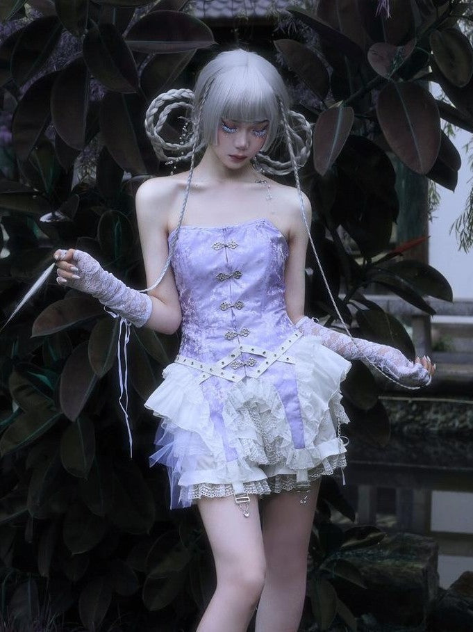 BLOOD SUPPLY Gothic Punk Chain Lace Up Ruffle Pleated Mid Waist Women's Lace Skirts