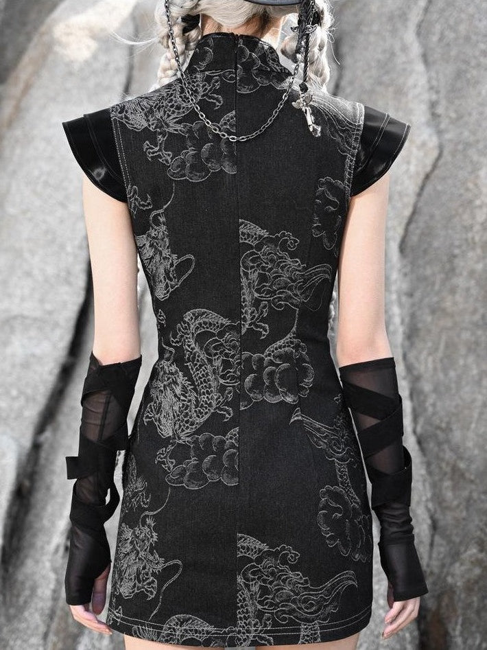 BLOOD SUPPLY Dragon Print Cutout Qipao Collar Waist Fitted Women's Denim Jsk / Jumper Skirts