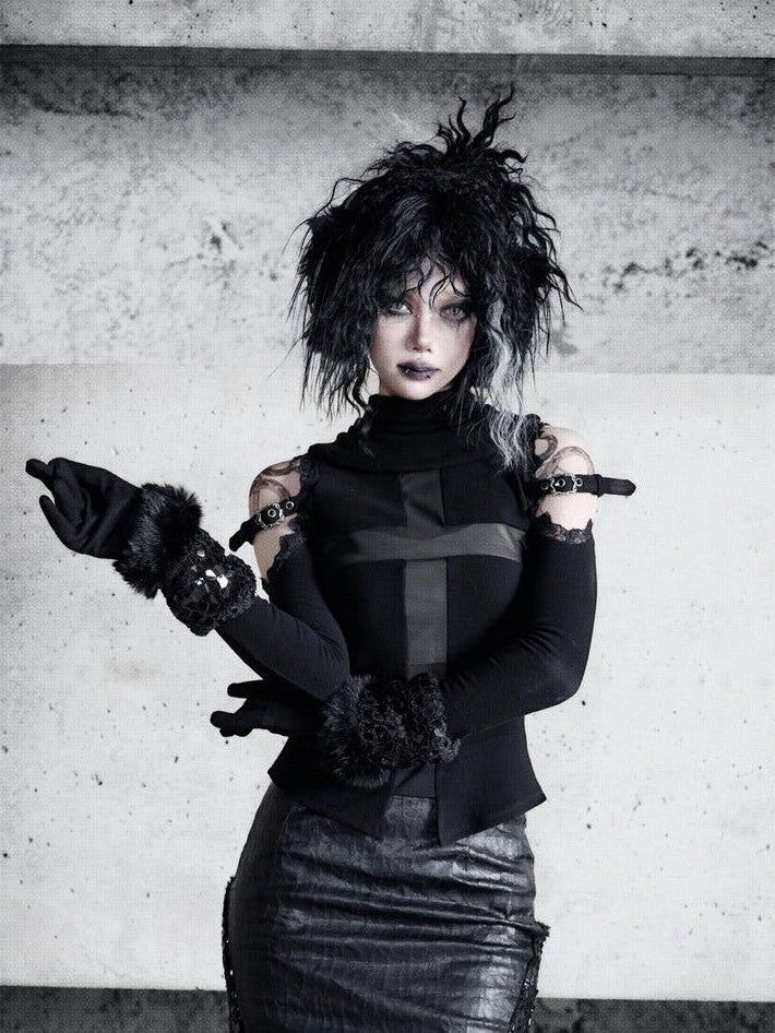 BLOOD SUPPLY Black Serpent Eye Gothic Crack Texture A Line Back Slit Women's Pu Skirts