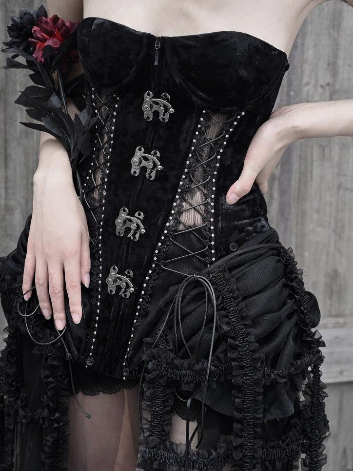 BLOOD SUPPLY Gothic Fishbone Cage Lace Up Bow Detail Women's Velvet Bustiers
